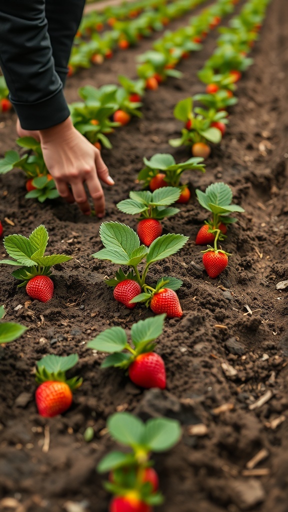 A hand tending to strawberry plants in a garden, showcasing vibrant red strawberries and healthy green leaves.