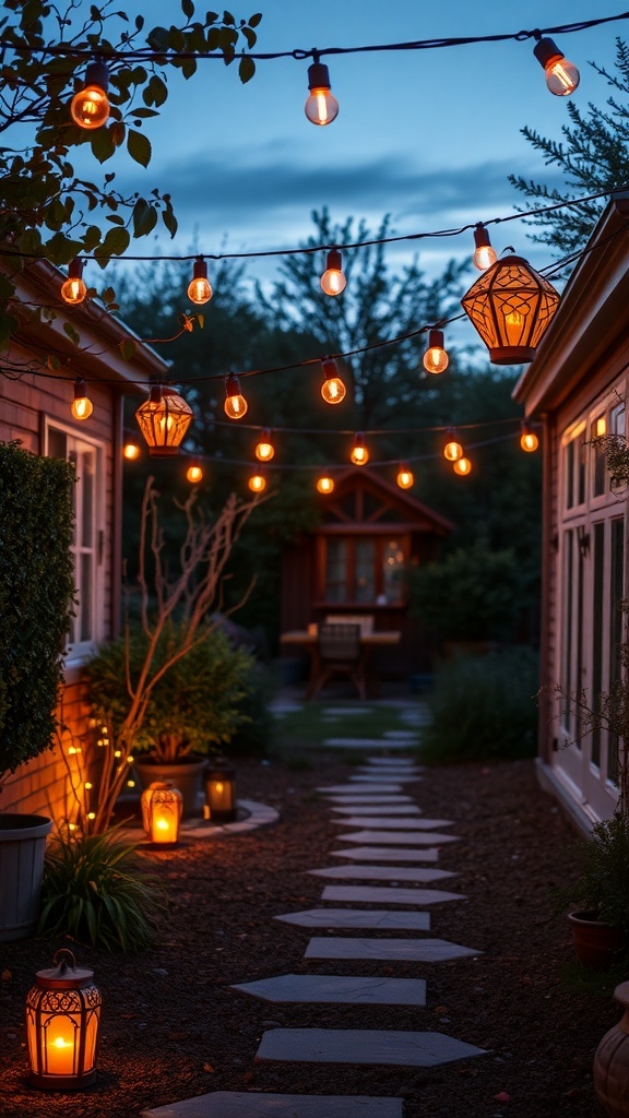 A garden path illuminated with string lights and lanterns, creating a warm and inviting atmosphere.
