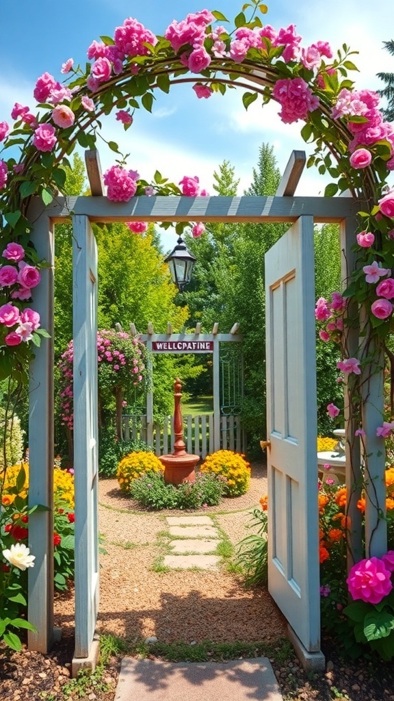 A charming garden arbor with pink flowers, leading to a colorful garden path.