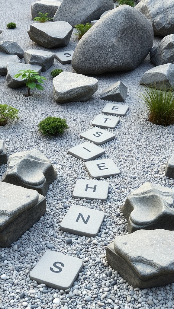 A Zen rock garden featuring various stones, gravel, and small plants.
