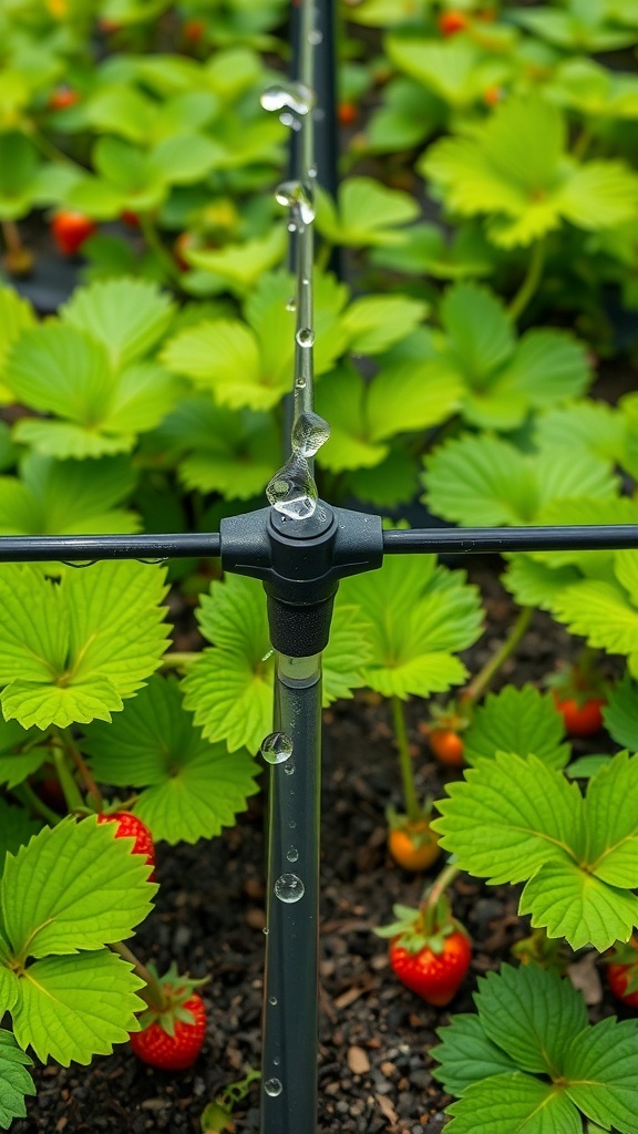 Drip irrigation system watering strawberry plants with droplets forming on the tubing.