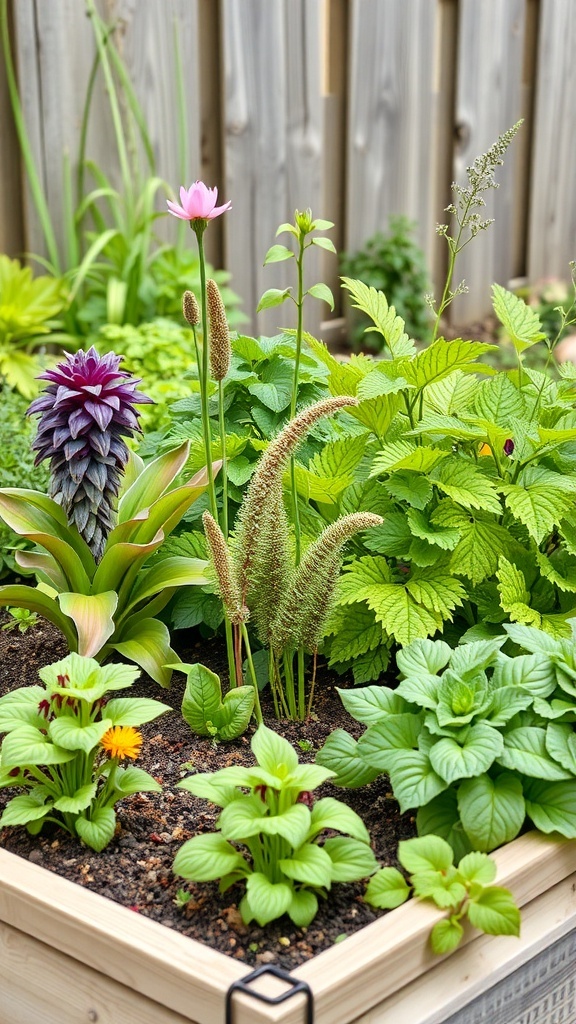 A raised bed garden with various plants including flowers and leafy greens.