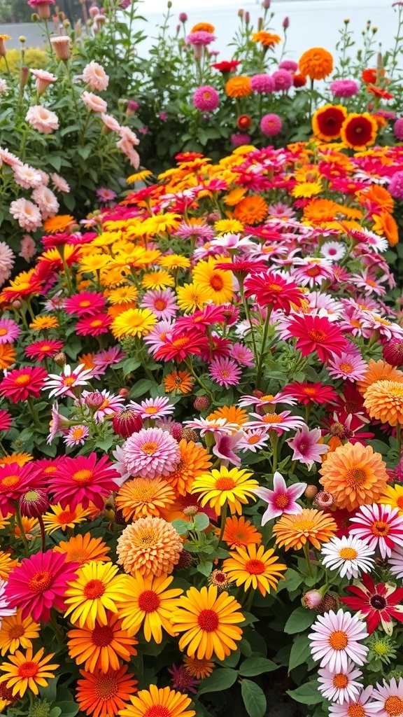 A vibrant display of colorful garden flowers in various shades of red, yellow, pink, and orange.