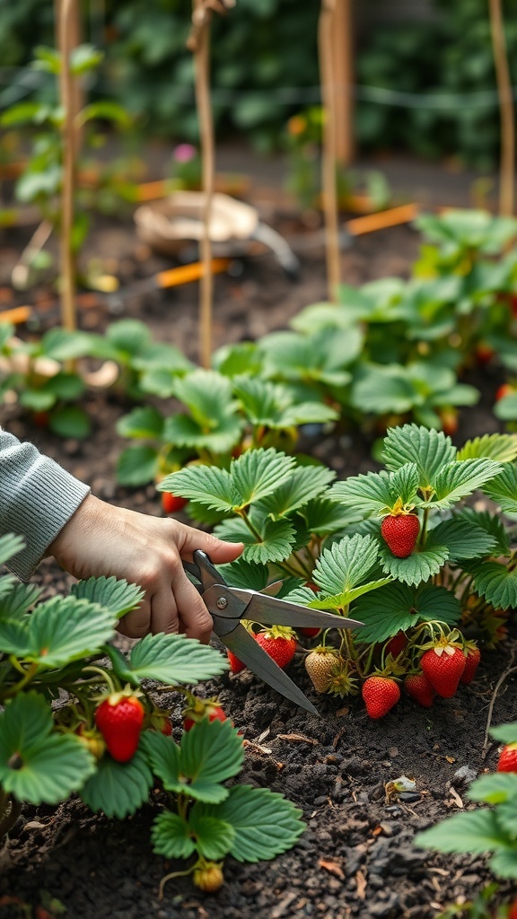 A person pruning strawberry plants in a garden, focusing on healthy growth and fruit production.