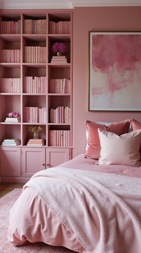monochromatic pink bookshelf elegance