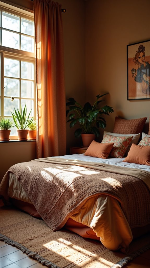 bohemian bedroom with brown prints