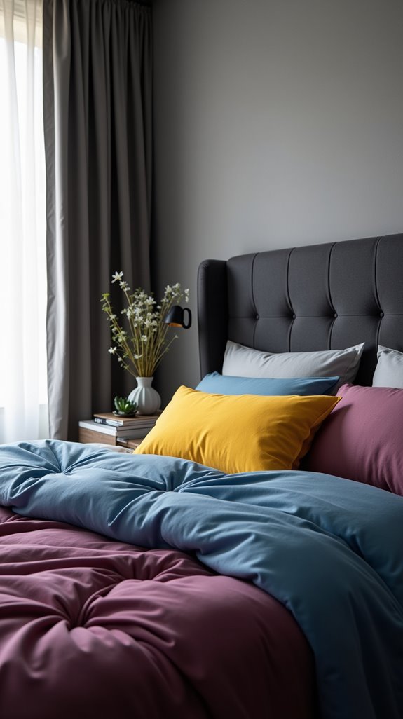 dark grey headboards colorful bedding
