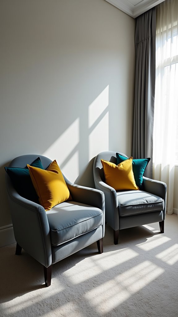 grey chairs with vibrant cushions