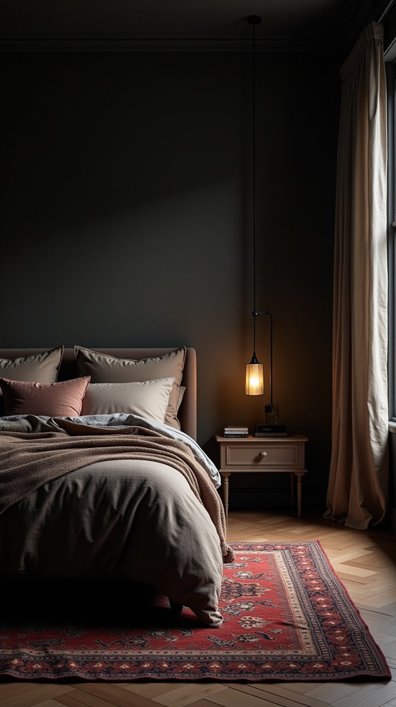 layered rugs enhance bedroom design