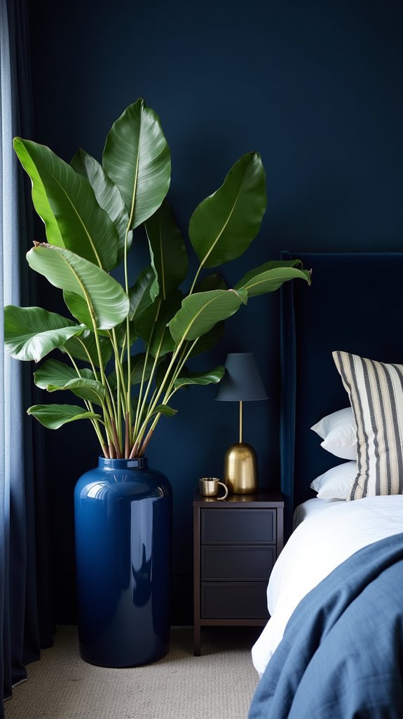 navy vases enhance bedroom decor
