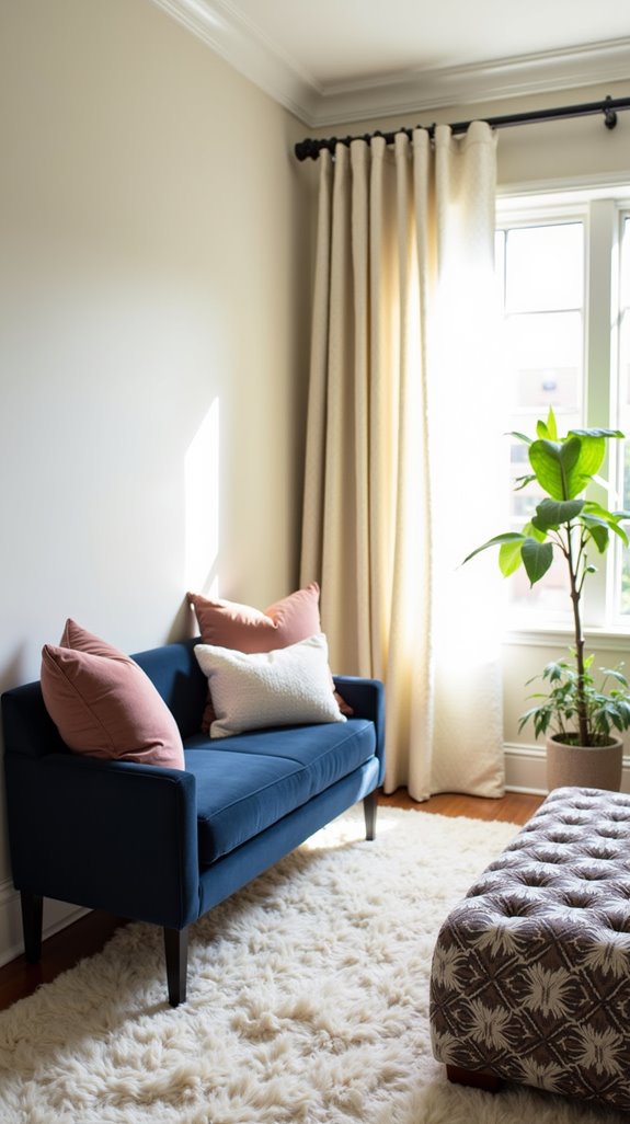 plush bench enhances bedroom decor