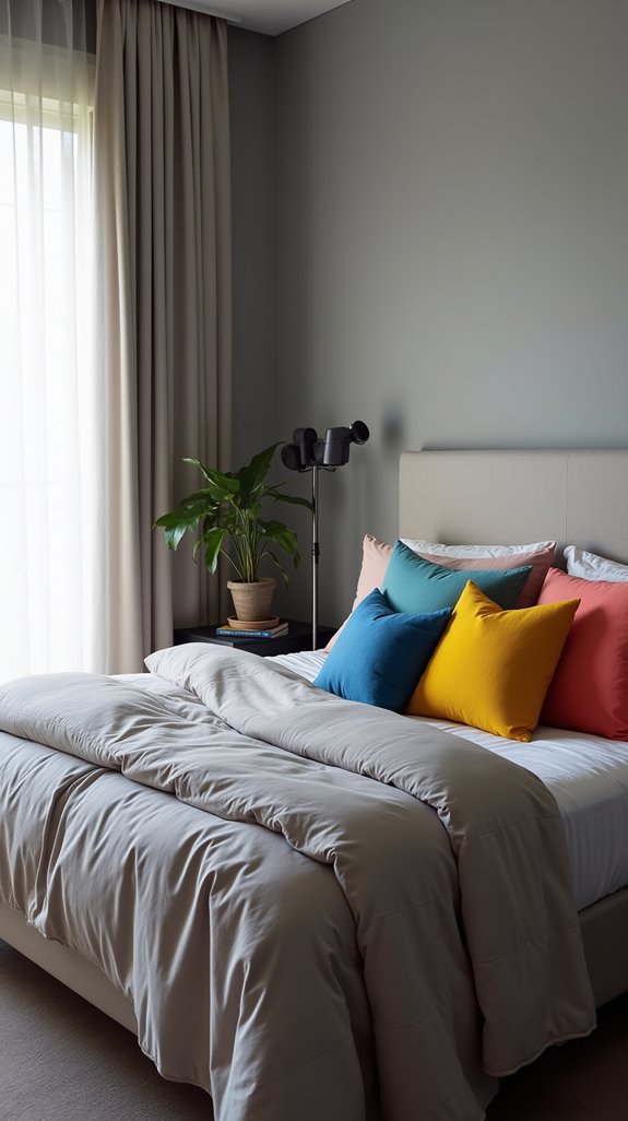 vibrant pillows enhance grey bedding