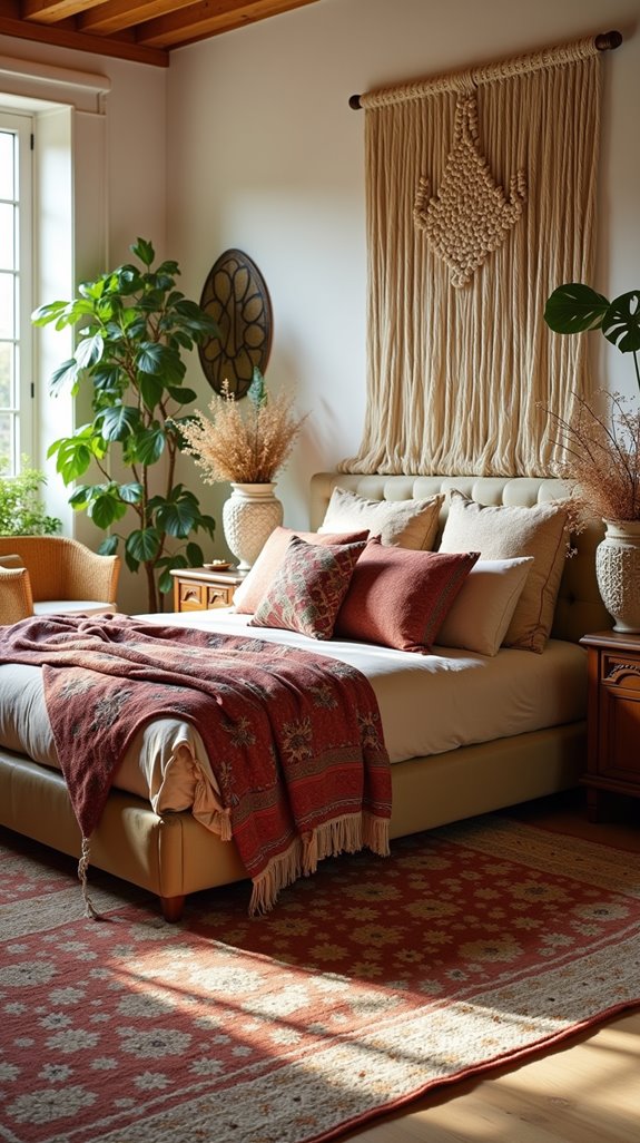 boho chic bedroom textiles layering