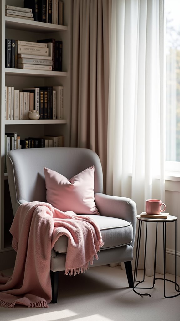 cozy pink grey reading nook