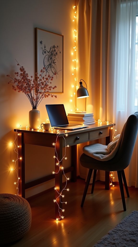 cozy workspace with fairy lights