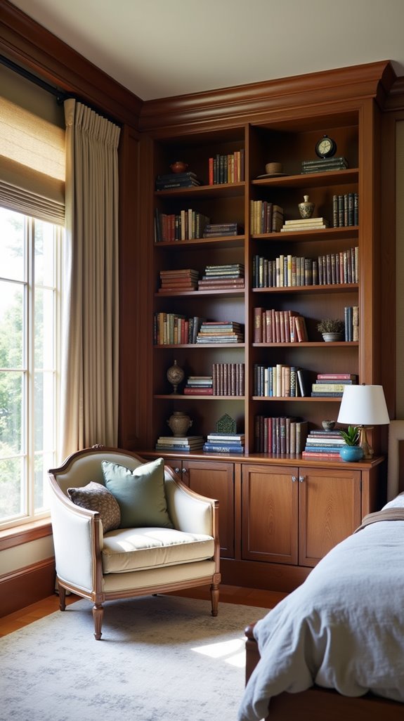 custom shelves enhance bedroom