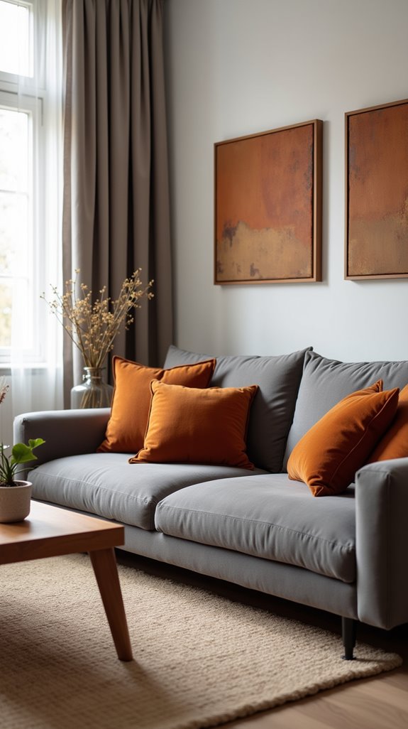 warm tones enhance grey couch